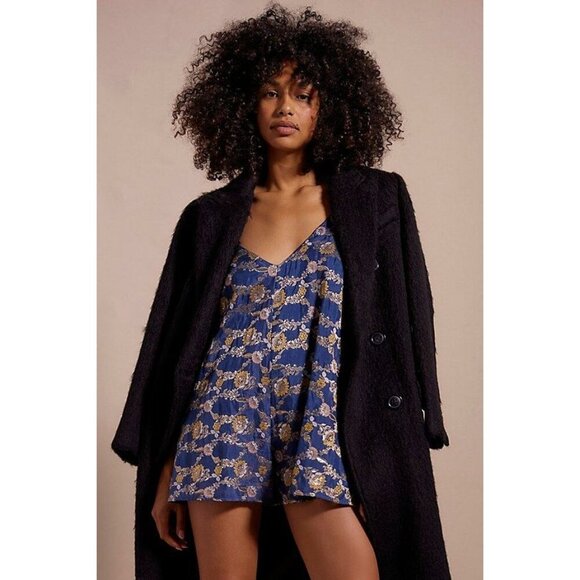 NEW FREE PEOPLE CHIARA FLORAL JACQUARD ROMPER IN BLUE SMALL - Picture 3 of 11